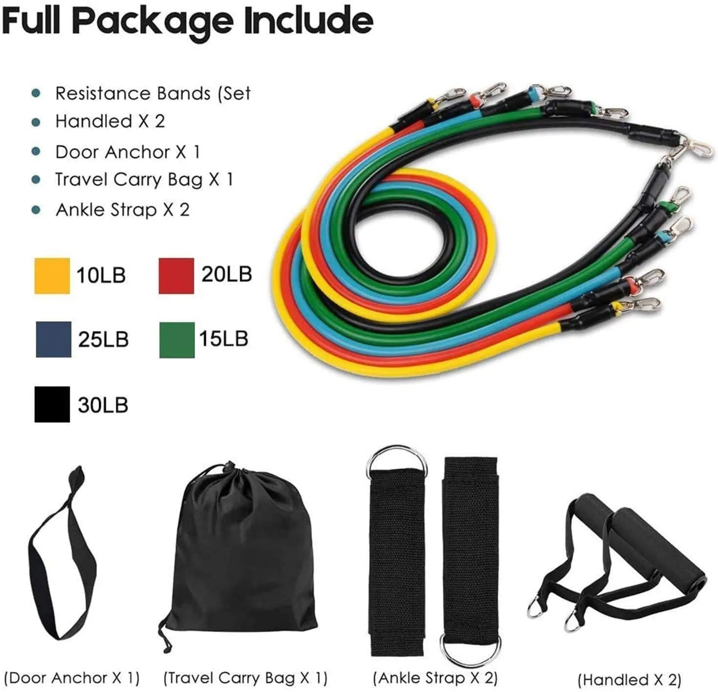 11-Piece Resistance Band Set – Latex Exercise Bands with Handles, Door Anchor & Ankle Straps